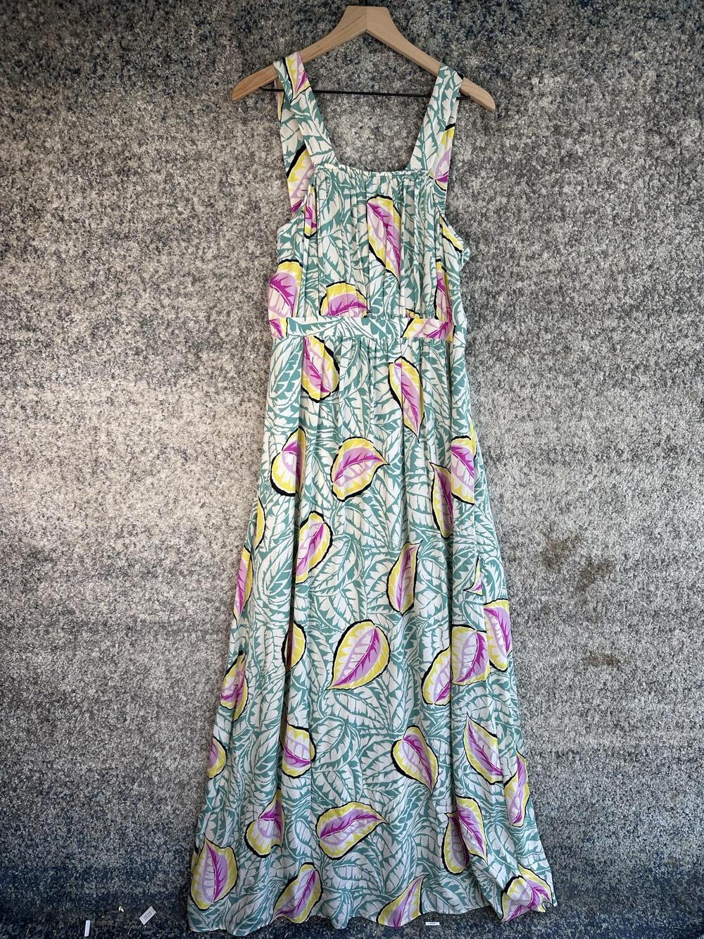 Theory Dress Womens 12 Teal Multi Tropical Leaf Maxi Square Neck Sundress